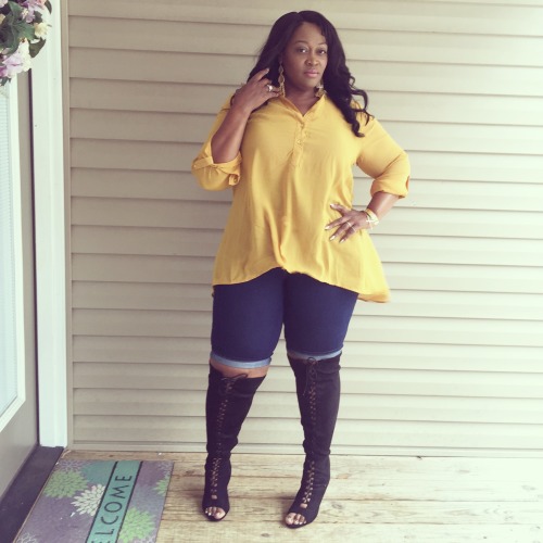 bigbeautifulblackgirls: Chasiti, size 1X in NC Blouse- Rue21 Denim Leggings- Rainbow Shoes- Thigh hi