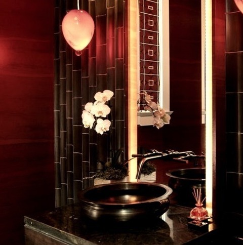 Salt Lake City BathroomExample Of A Zen-inspired Powder Room With A Medium-toned Wood Floor, Dark Wood