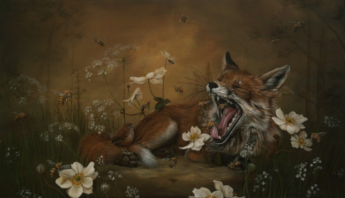 Dewi Plass (Dutch, b. 1990, Nijmegen, Netherlands) - Fox Yawn, 2018, Paintings: Acrylic on cradled b