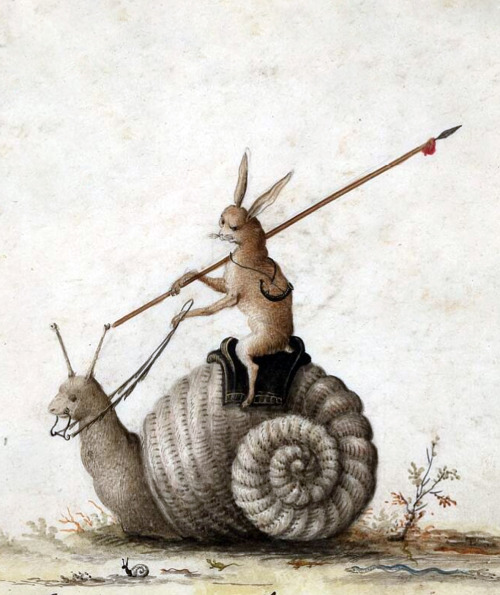 discardingimages:not medieval, but still important: rabbit riding a snailArmorial, Netherlands c. 16