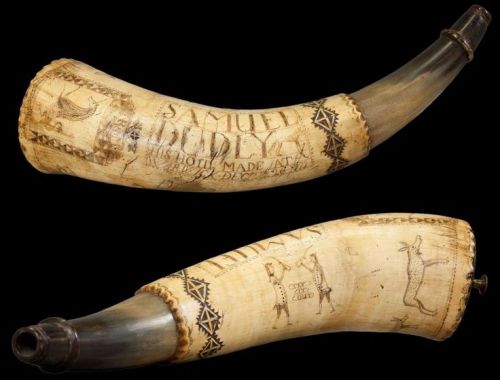 minutemanworld:Powderhorn of Samuel Dudley at the Museum of the American Revolution.This powder horn