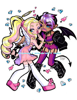 beedalee: I could be your angel or your devil! on DeviantART ellie and nay chibis i did for fun on and off in the last month.   slideshow for process notes! fashion is based on some pastel girl app outfits, with some artistic license of course! i’m