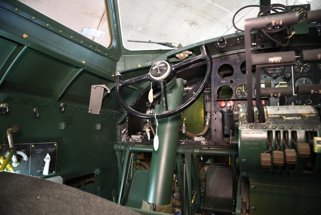 The Boeing B-17F Memphis Belle cockpit undergoing restoration in March 2018 at the