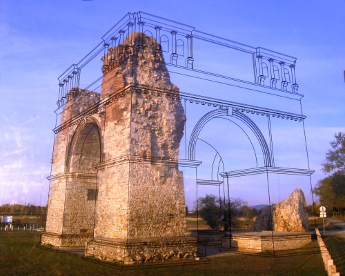 museum-of-artifacts:  An outline overlay reconstructs the damaged Heidentor, a 4th century AD roman victory monument in Austria