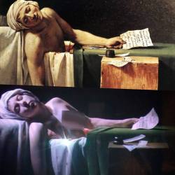 ladyxgaga:  Another Lady Gaga portrait by Robert Wilson displayed at the Louvre as part of his “Living Rooms” exhibition. This new portrait recreates Jacques-Paul David`s “The Death of Marat” painting from 1793.