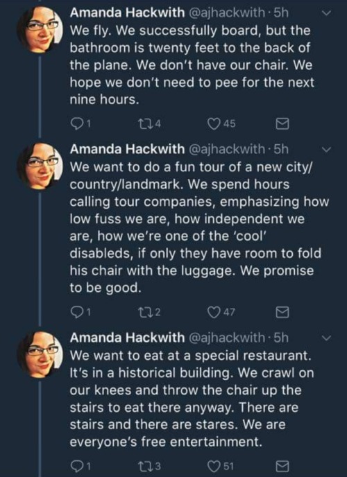 qjusttheletter: make posts about disability accessible  [ID: collection of tweets from Amanda Hackwith @ajhackwith reading  “If you’re fuzzy on why changes to the ADA is such a big deal, I get it. I’m keenly aware of what being abled blinds you