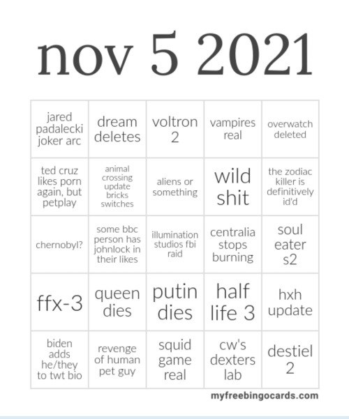 Everybody Get Your November 5 Bingo Card