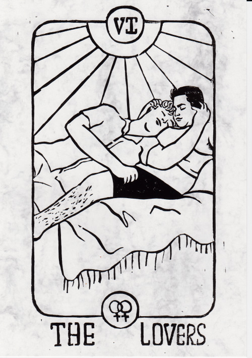 thequeenofbithynia: new lino print - a butch lesbian lovers tarot card!you can buy prints in my shop