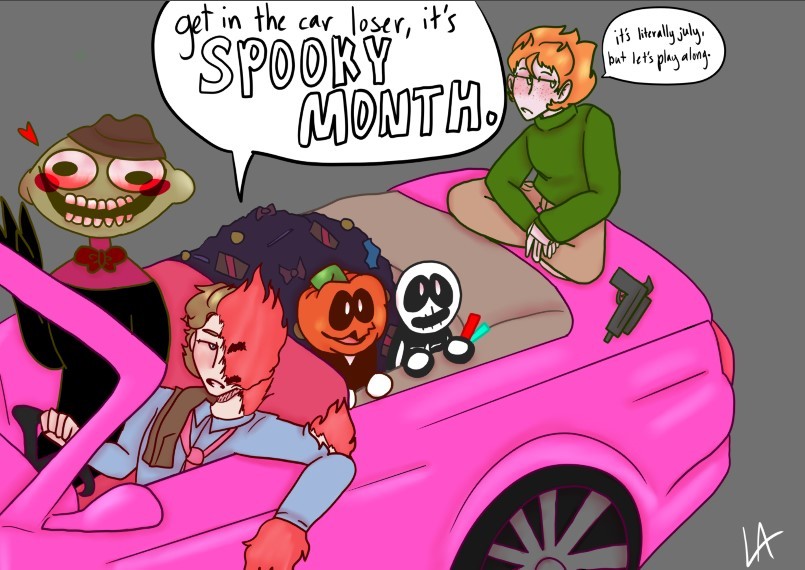 ‘get in the car loser, it’s spooky month.’ not to toot my own horn but i love my senpai design- i was close to changing pico’