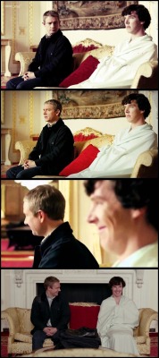 thesherlockedme:  John Watson: Are you wearing any pants? Sherlock Holmes: …No. John Watson: Okay. John Watson: What are we doing here, Sherlock? Seriously, what? Sherlock Holmes: I don’t know. John Watson: Here to see the Queen? [Mycroft Holmes