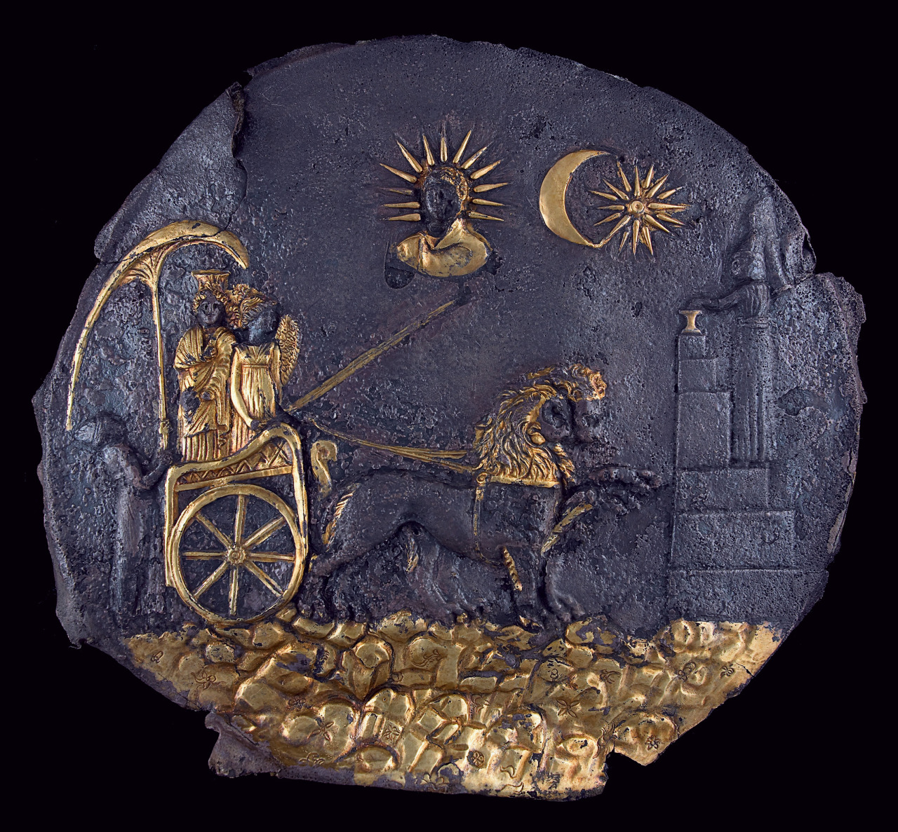 Plate depicting Cybele pulled by lions, a votive sacrifice and the Sun God. Ai-Khanoum,