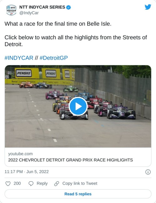 What a race for the final time on Belle Isle.  Click below to watch all the highlights from the Streets of Detroit.#INDYCAR // #DetroitGP  — NTT INDYCAR SERIES (@IndyCar) June 5, 2022