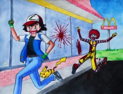 rheasaramaartworks:  I can’t even… XD Drawing for DeviantArt’s Fan Art Mashup Challenge I got  Ash Ketchum - At McDonald’s - escaping danger I had just watched the new IT movie… This is what happened… 