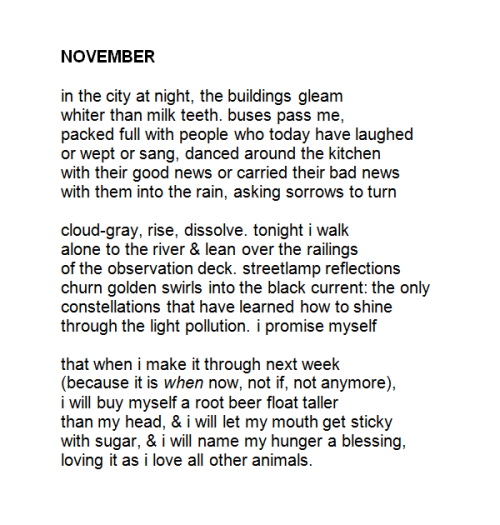 boykeats:November by Keaton St. James[Poem transcript: ”in the city at night, the buildings gleamwhi