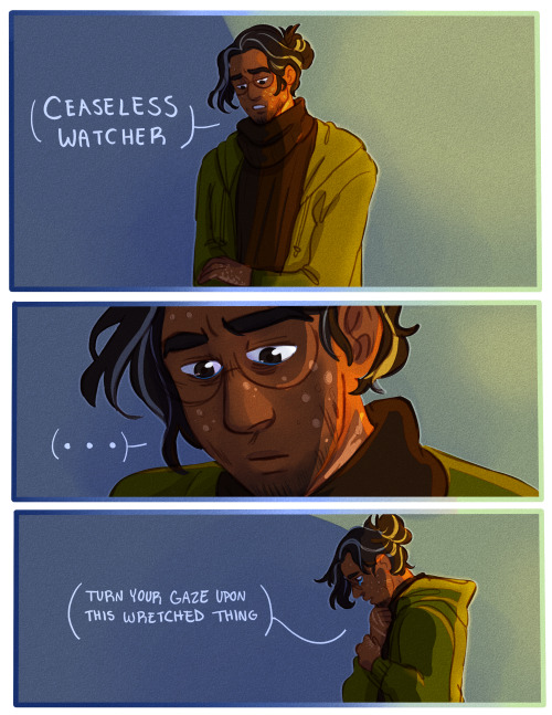 disturbedgerblin:[ID: Three page comic of Jon, a dark skinned man with various facial scars and long