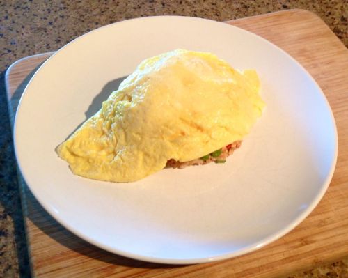 Today’s omuraizu: chicken fried rice, plated and topped with a soft three-egg omelette. Tradit