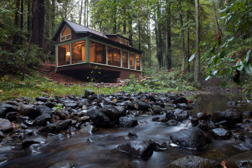 chlorine-bath:dreamsyoudliketoshare:Creek side Cabin A restored 1920s cabin in Calistoga, California