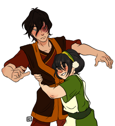 :cucimei:Everyone else went on a life changing field trip with Zuko. Now it’s my turn[ID: A digital colored drawing of Zuko and Toph. Toph is wearing her usual green outfit and headband, and is tightly hugging Zuko around the waist. Her eyes are