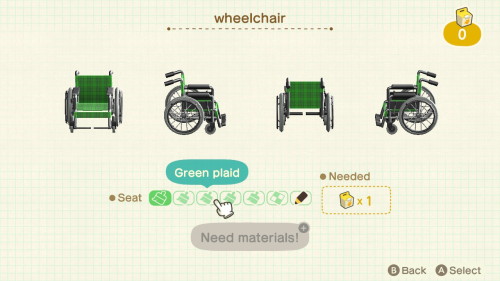 Item: wheelchair# of customizations: 6Customization names: blue, red plaid, green plaid, beige, colo