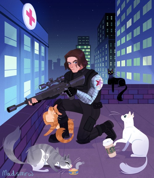 Bucky with cats! for @klecrone to accompany the most recent chapter of their fic Winter of the White