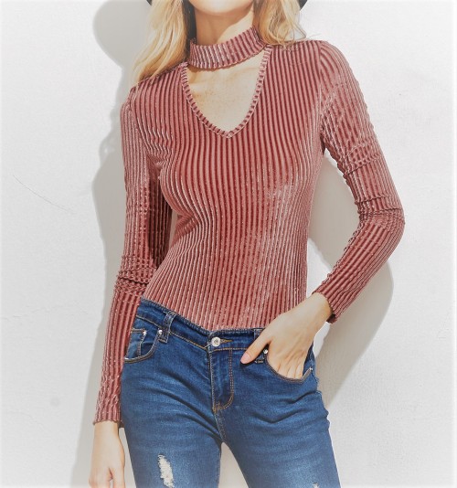 fashion-caffeine:Brick Red Cutout Choker Stripe Velvet Bodysuit &gt;&gt; 