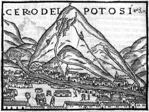 16th century woodcut of &ldquo;Cerro del Potosí&rdquo; also called Cerro Rico. The mountain next to 