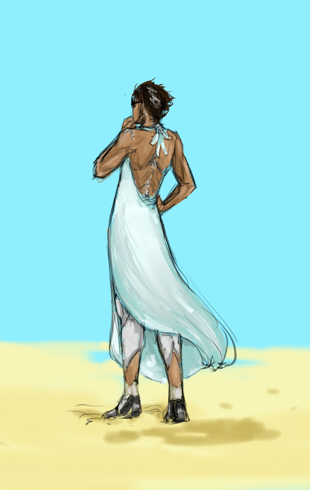 A loose digital painting of Murderbot standing on a beach, seen from behind. It is wearing a white halter-top sundress with a low back and a slit skirt, showing ports in its back and large inorganic portions on its legs and feet. It is wearing sunglasses, and its short hair is blowing in the wind