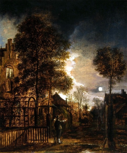 Two Figures conversing in a Moonlit Park  -  Aert van der Neer , 1686.Dutch, 1603-1677Oil on panel