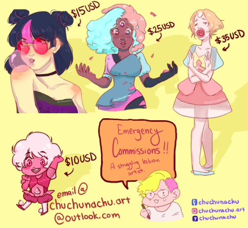 Hey you guys! Commissions are open again because I finally got a new laptop and I need some financia