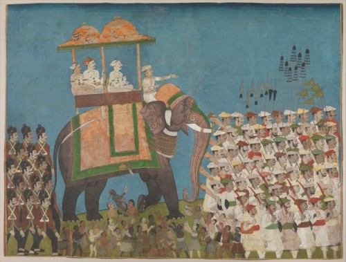 Three Noblemen in Procession on an Elephant by Venkatchellum, Islamic ArtMedium: Opaque watercolor a