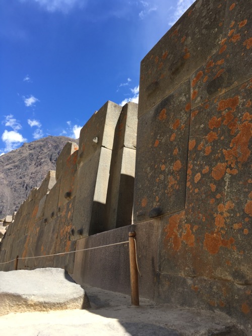 Stone walls of the Sun Temple at the Inca archeological site of Ollantaytambo, The Sacred Valley, Pe