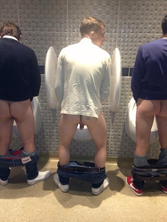 sexysubdad:  When using a public urinal, a sub should drop its pants entirely, or