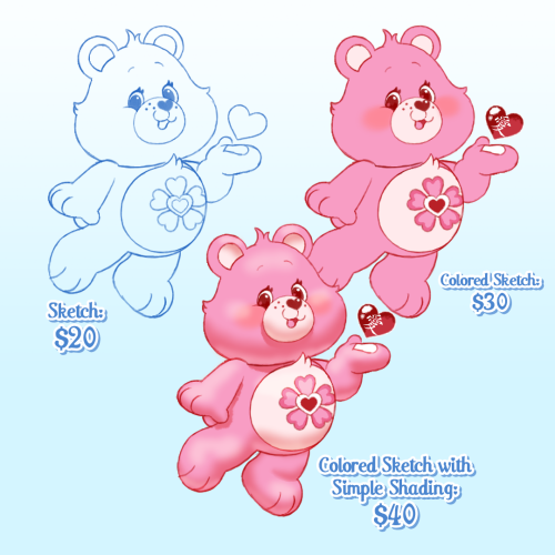 I am currently taking Care Bear-themed commissions! I can also do Popples, Animal Crossing villagers