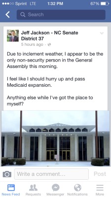 mxcleod:  gladtoseayou:Jeff Jackson, a young Democratic NC State senator is the only senator in the general assembly today due to the snow.I would like this man just to take over the government. He sounds perfect and ready for the job.