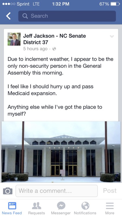 gladtoseayou:Jeff Jackson, a young Democratic NC State senator is the only senator in the general assembly today due to the snow.Awesome!