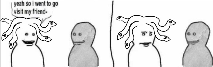 Two humanoid figures in a two-panel comic. In the first, one with snake hair says "yeah so i went to go visit my friend-" while the other is overlaid with a rocklike gray texture. In the second panel, the figure with snake hair goes silent and looks uncomfortable, while the stone figure remains the same.