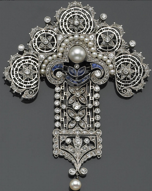 Edwardian era brooch: diamond, cultured pearl, sapphire, platinum