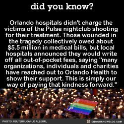 did-you-kno:  Orlando hospitals didn’t charge the  victims of the Pulse nightclub shooting  for their treatment. Those wounded in  the tragedy collectively owed about  ŭ.5 million in medical bills, but local  hospitals announced they would write  off
