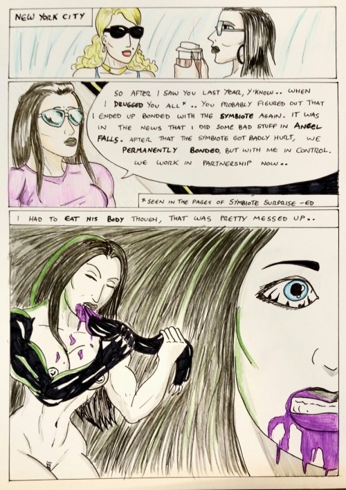 Kate Five vs Symbiote comic Page 157  Kate and Centennia take 5 to catch up over coffee.  Finally we see Kate eating Ghede’s body! Gross!  Centennia appears courtesy of cosmicbeholder