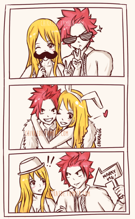 chikaede:AU nalu goofing around at a wedding photobooth when Nastu suddenly decides he wants to pop the question.   (Sorry for the excessive watermarks I don’t want this cropped because it would ruin the whole “photo booth” effect )
