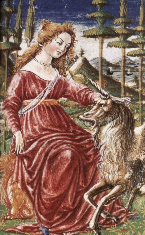 The personification of Chastity with a unicorn, symbol of maidenly virtue.  Illumination on par