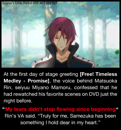 seiyuuslittleforest: The audience and Free!fans dubbed Mamo and that scene as The Real![Free!] episode :) “I’m here waiting for you to return, so please come back.”   [Free! Timeless Medley - Promise] currently in selected theater! Please watch