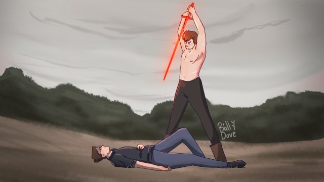 Logan and Roman are in an empty field, Roman is shirtless, holding a glowing red sword over Logan. Logan is in his standard outfit, arm splayed out, resigned.