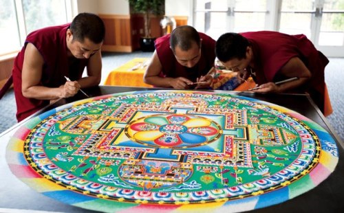 clockworksexual:  asylum-art:  Tibetan Buddhist monks Create Mandalas Using Millions of Grains of Sand-The Mystical Arts  Imagine the amount of patience that’s required to create such highly detailed art such as this! To promote healing and world peace,