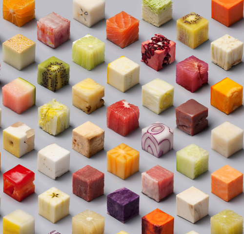 goddessofsecrets: boredpanda: Artists Cut Raw Food Into 98 Perfect Cubes To Make Perfectionists Hung