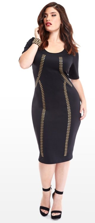 plussizeebony:  Clémentine Desseaux in Fashion To Figure, Asymmetric Bodycon Dress, Foil Cage Front Halter Dress, Mockneck Cutout Dress, Studded Bodycon Dress, & KD14368x