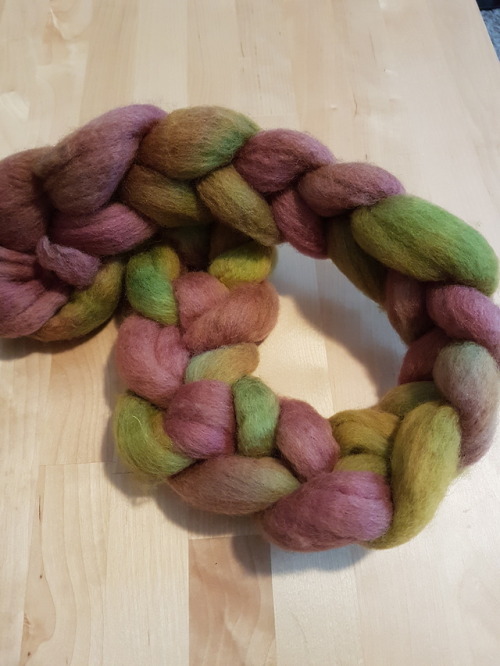 Rose Garden roving. Pale pink and green. Spring is here!www.longdrawyarn.ca