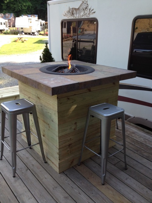 craftycub:  I’ve been helping Mike add on to his deck at the camper. The Deck was already there, but the two of us added the roof, and television wall, built the fire pit table and planter. Can’t wait to use it! :)