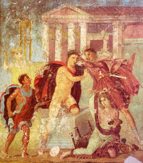 lionofchaeronea:A scene from Euripides’ Andromache: Orestes kills Neoptolemus at the altar of Apollo