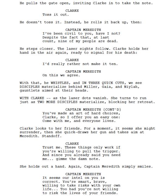 Hope you enjoyed yesterday’s episode, written by Sean Crouch and directed by Diana Valentine. First, we have the tense standoff between Clarke and the disciples, and Raven saving the day.